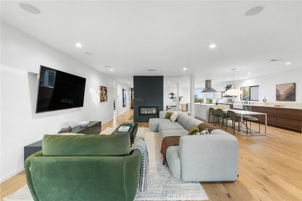 Dining room, Fireplace, Interior, Kitchen, Living room, Pendant Lights, Recessed Lighting, Wood Texture Flooring