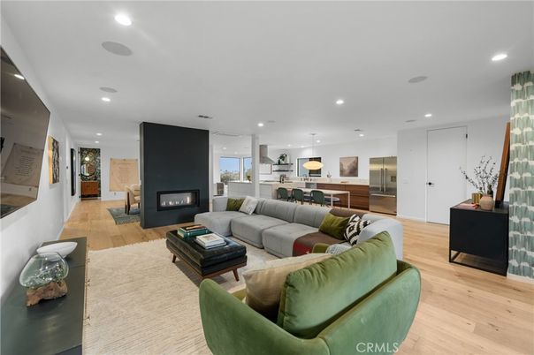 Fireplace, Interior, Kitchen, Living room, Pendant Lights, Recessed Lighting, Wood Texture Flooring