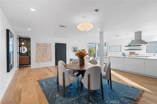 Dining room, Interior, Kitchen, Pendant Lights, Recessed Lighting, Wood Texture Flooring