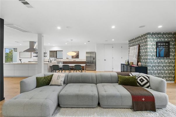 Dining room, Interior, Kitchen, Living room, Pendant Lights, Recessed Lighting, Stainless Steel Appliances, Wood Texture Flooring