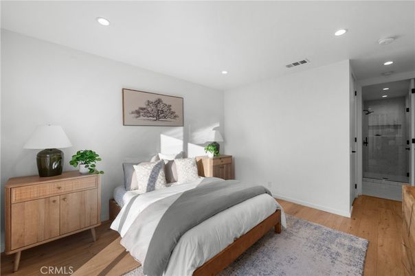 Bathroom, Bedroom, Glass Shower, Interior, Recessed Lighting, Wood Texture Flooring