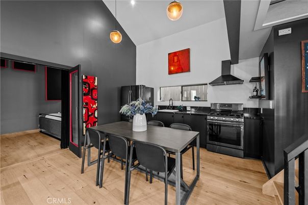 Dining room, Interior, Kitchen, Pendant Lights, Stainless Steel Appliances, Wood Texture Flooring