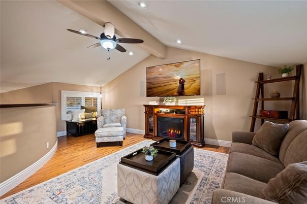 Fireplace, Interior, Living room, Recessed Lighting, Wood Texture Flooring