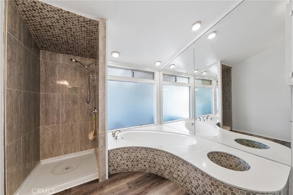 Bathroom, Dual Sink Vanities, Interior, Recessed Lighting, Wood Texture Flooring