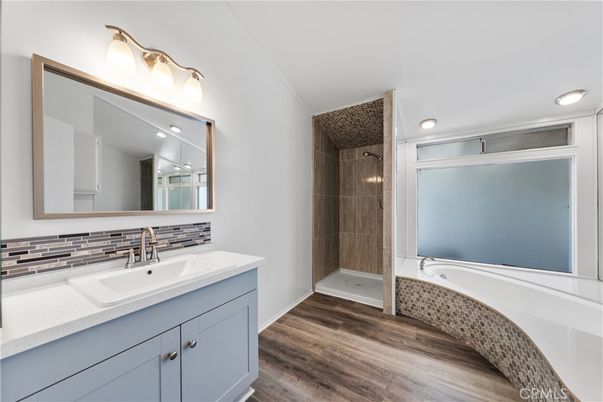 Bathroom, Glass Shower, Interior, Recessed Lighting, Wood Texture Flooring