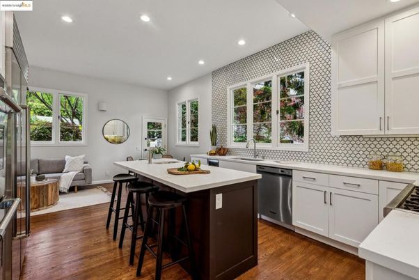 Interior, Kitchen, Living room, Recessed Lighting, Stainless Steel Appliances, Wood Texture Flooring