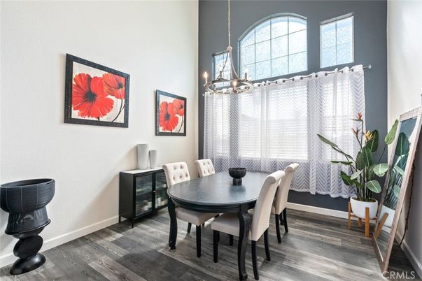 Dining room, Interior, Pendant Lights, Wood Texture Flooring