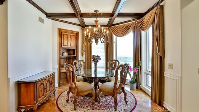Chandelier, Dining room, Interior, Water, Wooden Beams, Wood Texture Flooring