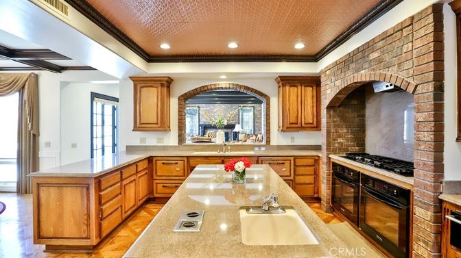 Interior, Kitchen, Recessed Lighting, Stainless Steel Appliances, Stone Walls, Wood Texture Flooring