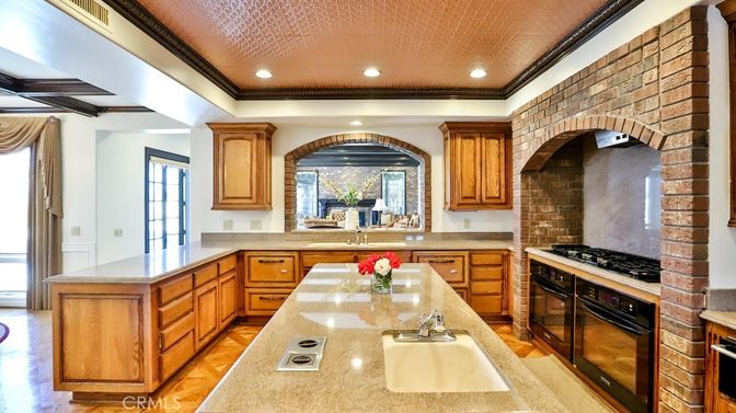 Interior, Kitchen, Recessed Lighting, Stainless Steel Appliances, Stone Walls, Wood Texture Flooring