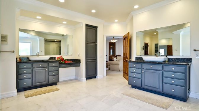 Bathroom, Dual Sink Vanities, Interior, Marble, Pendant Lights, Recessed Lighting