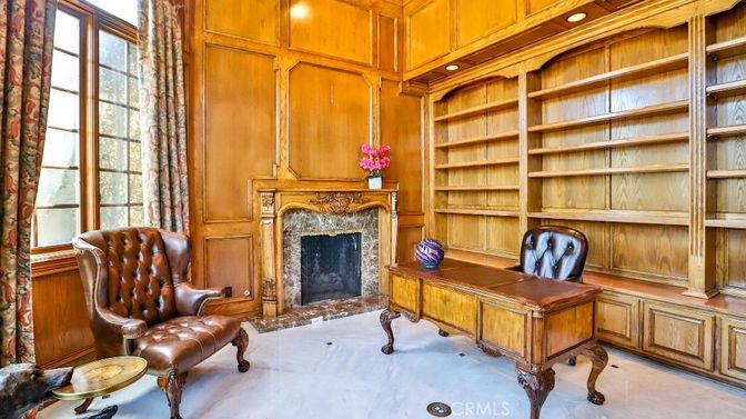 Fireplace, Home Office, Interior, Recessed Lighting, Wooden Walls
