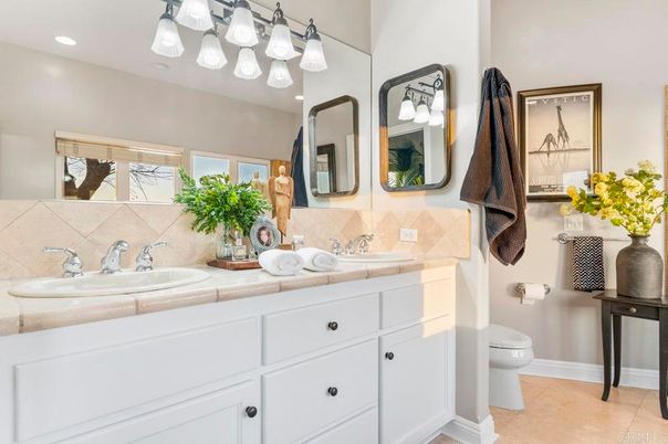 Bathroom, Dual Sink Vanities, Interior, Recessed Lighting, Tile Countertops