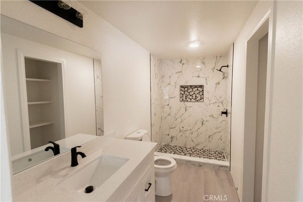Bathroom, Interior, Marble Walls, Recessed Lighting, Wood Texture Flooring