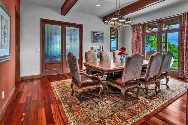 Chandelier, Dining room, Interior, Recessed Lighting, Wooden Beams, Wood Texture Flooring