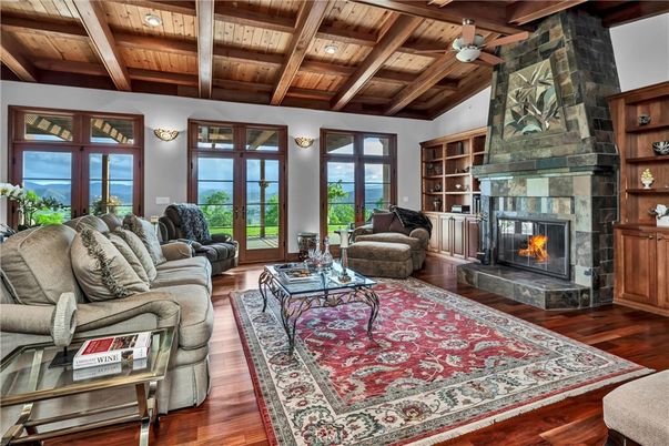 Fireplace, Interior, Living room, Recessed Lighting, Wooden Beams, Wooden Ceilings, Wood Texture Flooring