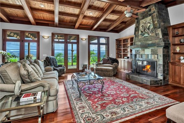 Fireplace, Interior, Living room, Recessed Lighting, Wooden Beams, Wooden Ceilings, Wood Texture Flooring