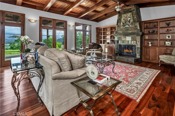 Fireplace, Interior, Living room, Recessed Lighting, Wooden Beams, Wooden Ceilings, Wood Texture Flooring
