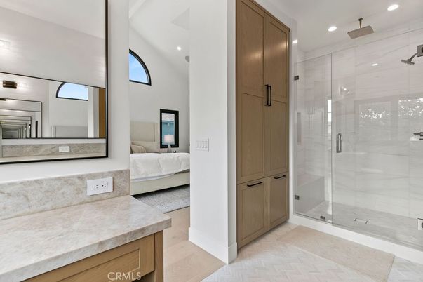 Bathroom, Bedroom, Glass Shower, Interior, Recessed Lighting, Wood Texture Flooring