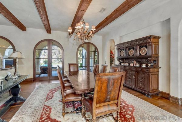 Chandelier, Dining room, Interior, Wooden Beams, Wood Texture Flooring