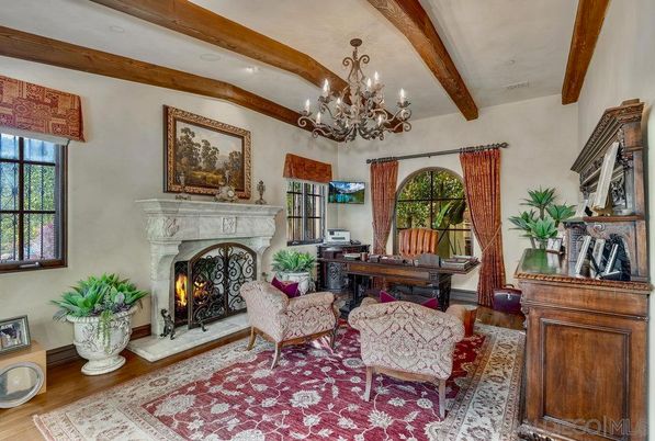 Chandelier, Fireplace, Home Office, Interior, Recessed Lighting, Wooden Beams, Wood Texture Flooring