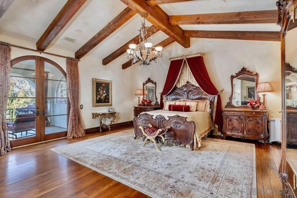 Bedroom, Chandelier, Interior, Wooden Beams, Wood Texture Flooring