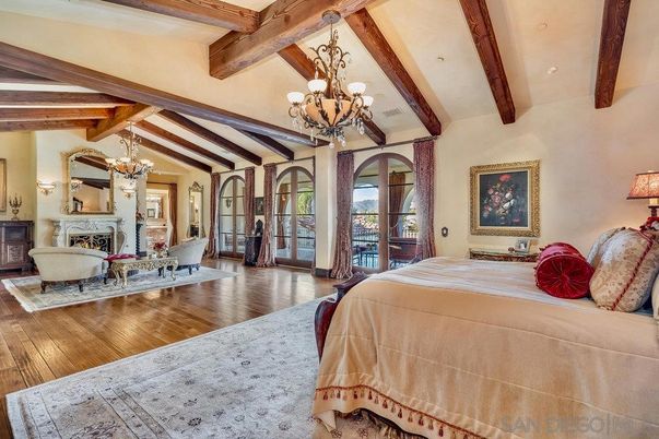 Bedroom, Chandelier, Fireplace, Interior, Wooden Beams, Wood Texture Flooring