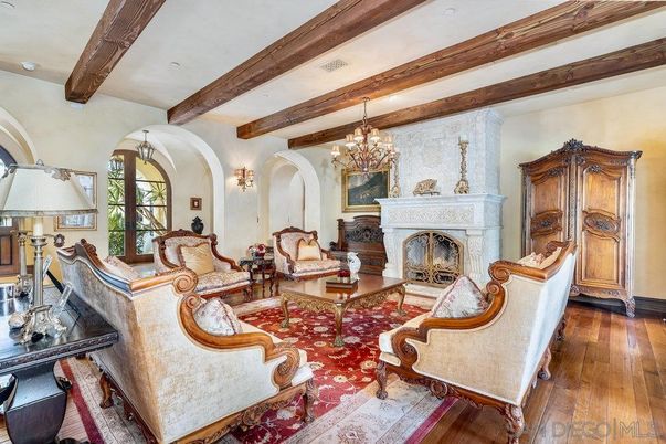 Chandelier, Fireplace, Interior, Living room, Wooden Beams, Wood Texture Flooring
