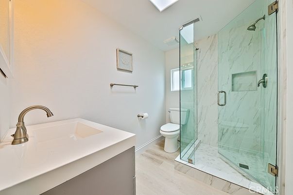 Bathroom, Glass Shower, Interior, Marble, Marble Walls, Wood Texture Flooring