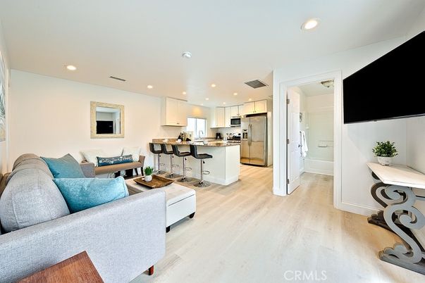 Interior, Kitchen, Living room, Recessed Lighting, Stainless Steel Appliances, Wood Texture Flooring