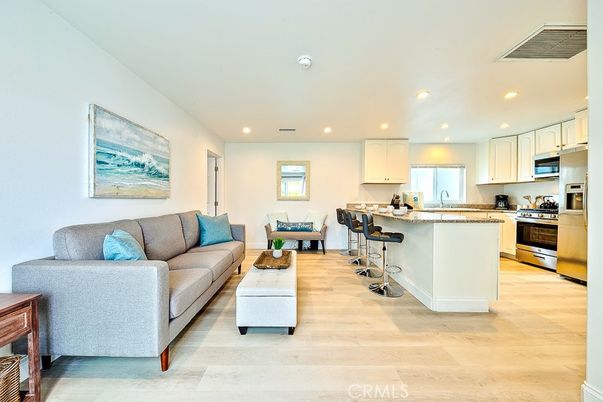 Interior, Kitchen, Living room, Recessed Lighting, Stainless Steel Appliances, Wood Texture Flooring
