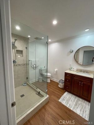 Bathroom, Glass Shower, Interior, Recessed Lighting, Wood Texture Flooring