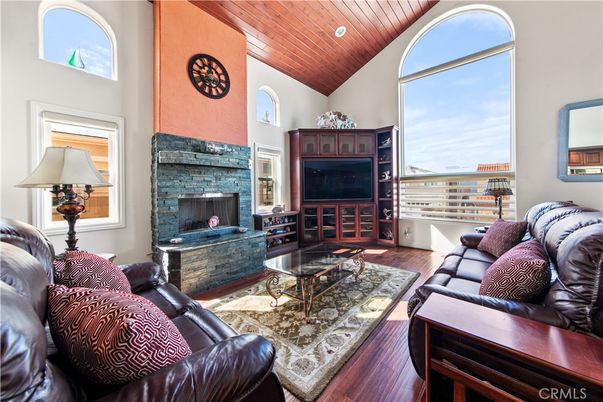 Fireplace, Interior, Living room, Recessed Lighting, Wooden Ceilings, Wood Texture Flooring