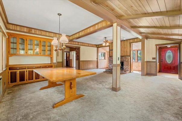 Chandelier, Fireplace, Interior, Stone Walls, Wooden Beams