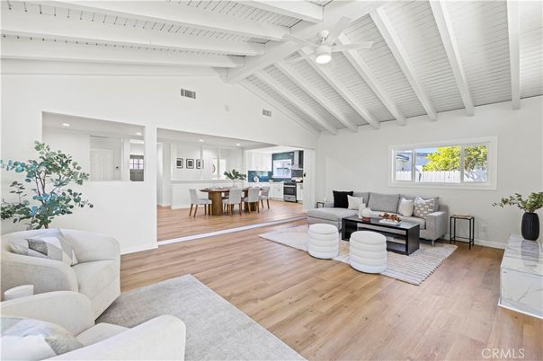 Dining room, Interior, Living room, Recessed Lighting, Wood Texture Flooring