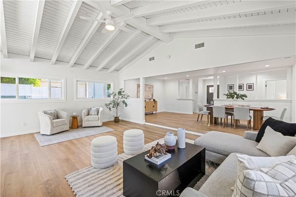 Dining room, Interior, Living room, Recessed Lighting, Wood Texture Flooring