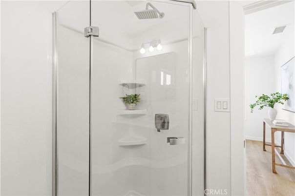 Bathroom, Glass Shower, Interior, Wood Texture Flooring