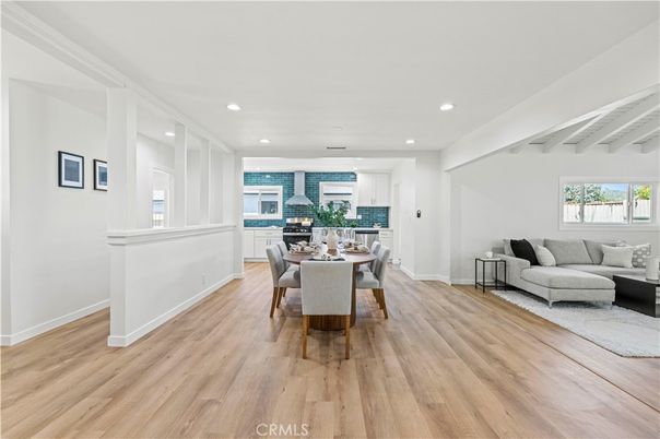 Dining room, Interior, Kitchen, Living room, Recessed Lighting, Wood Texture Flooring