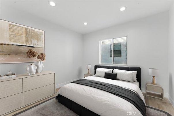 Bedroom, Interior, Recessed Lighting, Wood Texture Flooring