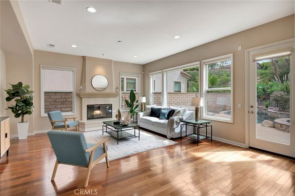 Fireplace, Interior, Living room, Recessed Lighting, Wood Texture Flooring