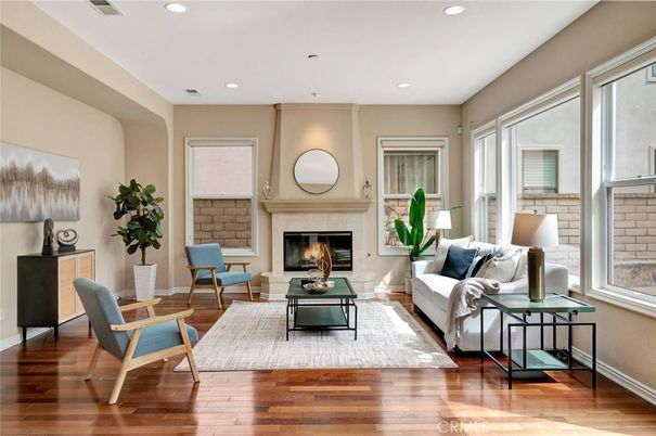 Fireplace, Interior, Living room, Recessed Lighting, Wood Texture Flooring