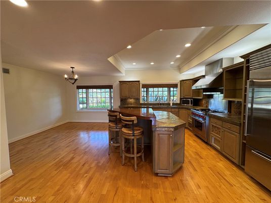 Chandelier, Interior, Kitchen, Recessed Lighting, Stainless Steel Appliances, Wood Texture Flooring