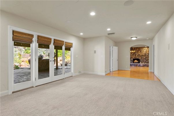 Empty room, Fireplace, Interior, Recessed Lighting, Wood Texture Flooring