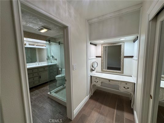 Bathroom, Glass Shower, Interior, Recessed Lighting, Wood Texture Flooring
