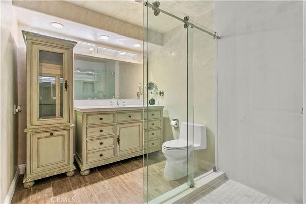 Bathroom, Glass Shower, Interior, Recessed Lighting, Wood Texture Flooring