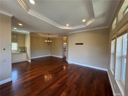 Chandelier, Empty room, Interior, Recessed Lighting, Wood Texture Flooring