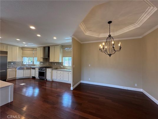 Chandelier, Interior, Kitchen, Recessed Lighting, Stainless Steel Appliances, Wood Texture Flooring