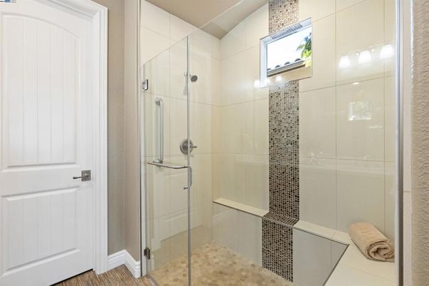 Bathroom, Glass Shower, Interior, Wood Texture Flooring