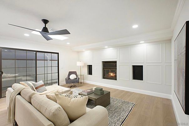 Fireplace, Interior, Living room, Recessed Lighting, Wood Texture Flooring