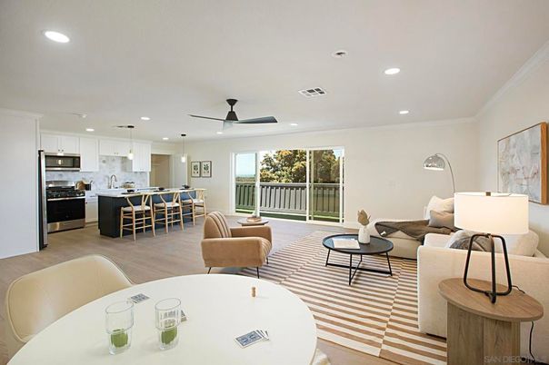 Dining room, Interior, Kitchen, Living room, Pendant Lights, Recessed Lighting, Stainless Steel Appliances, Wood Texture Flooring